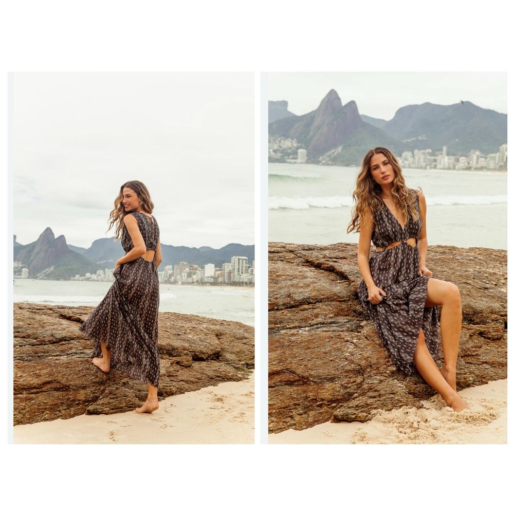 Z & L Europe Milena Maxi Dress Printed Cutout Tassels Frayed Hem 100% Cotton